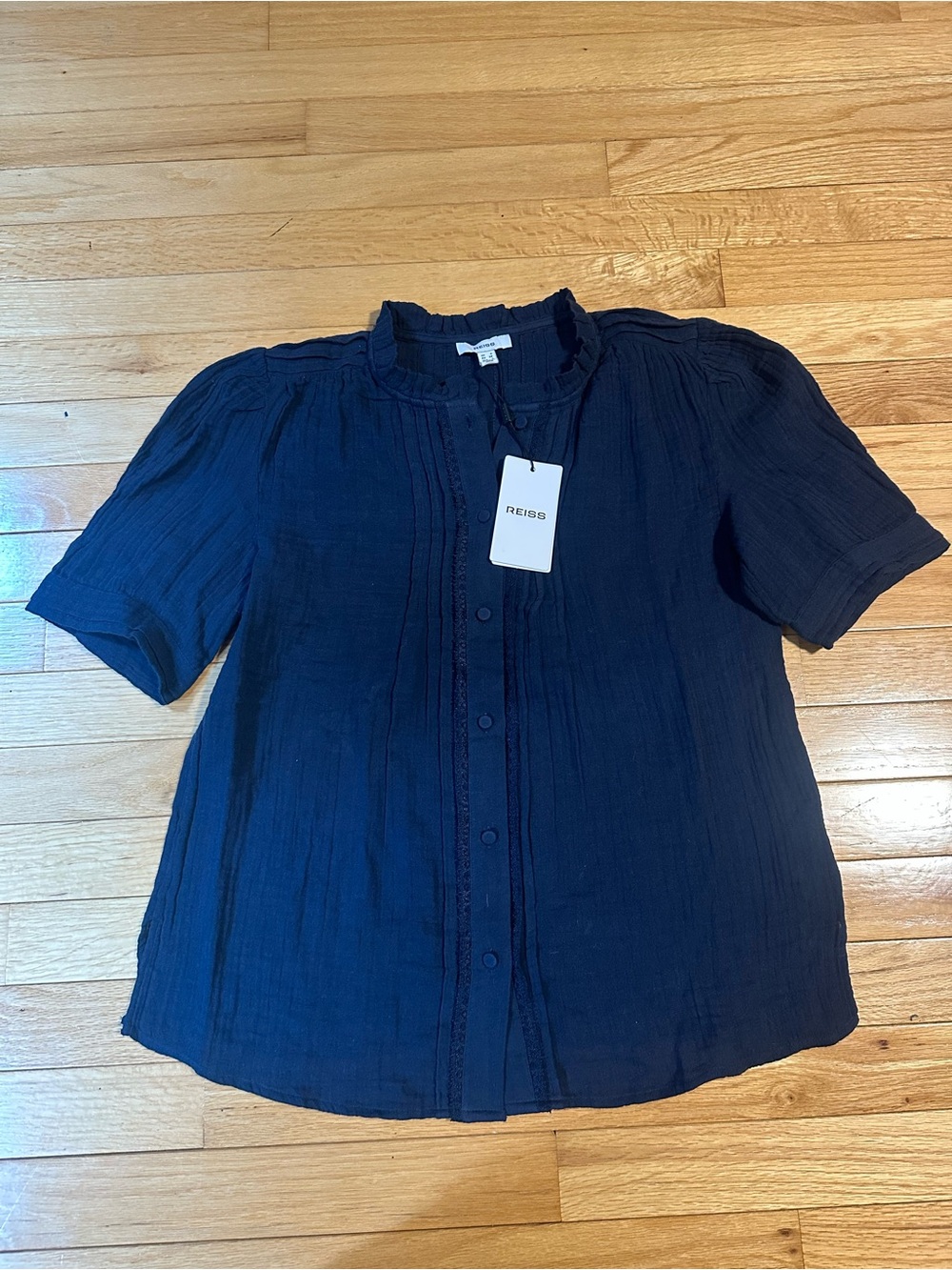 NWT Reiss Navy Short-Sleeve Pintuck Button Blouse Size 2